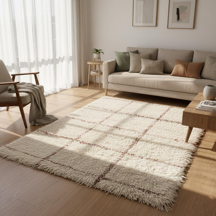 Translation missing: es.Handcrafted cream shag area rug featuring minimal grid lines, luxury soft rug for Scandinavian and boho homes