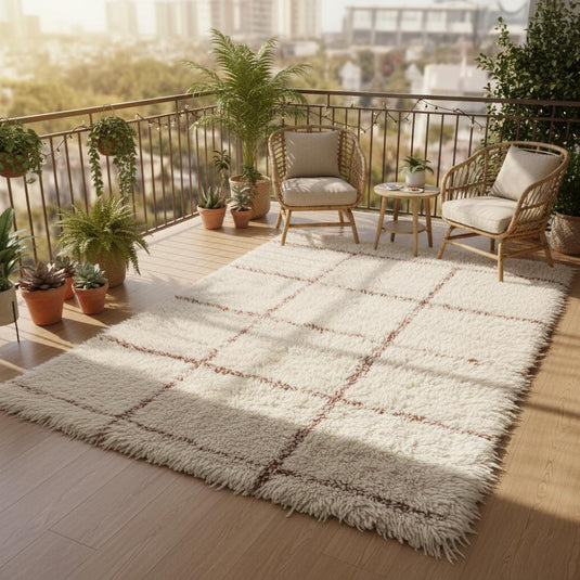 Translation missing: es.Ivory shag rug with plush surface and subtle patterning, premium cozy carpet for contemporary neutral home décor