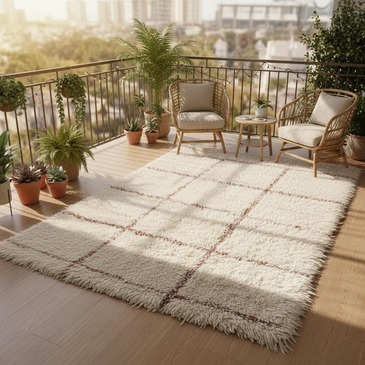 Translation missing: es.Ivory shag rug with plush surface and subtle patterning, premium cozy carpet for contemporary neutral home décor