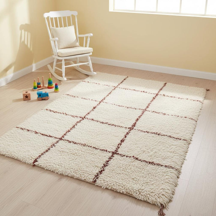 Translation missing: es.Neutral high-pile shag rug with textured fibers, ideal for modern, minimalist, or boho-style interior design