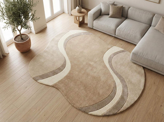 Translation missing: es.Modern curved rug living room with wavy abstract pattern in beige, cream, and taupe organic shape