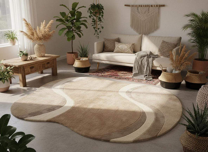 Translation missing: en.Modern curved rug living room with soft wavy pattern in beige, cream, and taupe organic shape