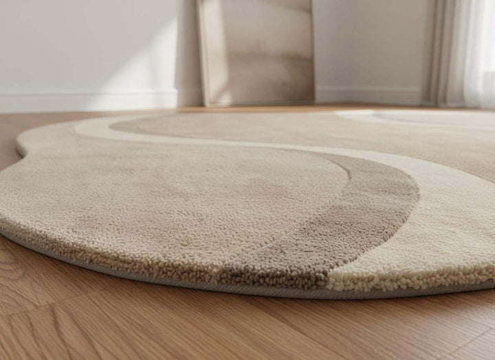 Translation missing: en.Modern curved rug living room with soft wavy pattern in neutral beige tones and organic shape