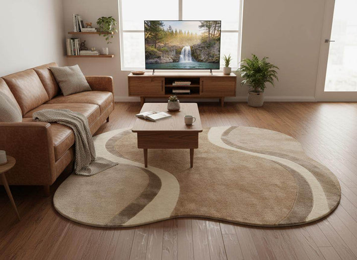 Translation missing: en.Modern curved rug living room with wavy pattern and organic beige tones
