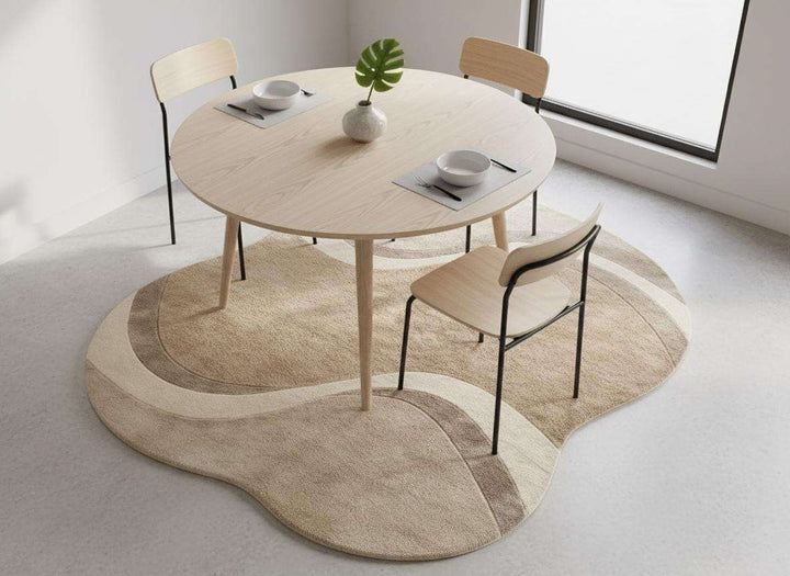 Translation missing: en.Modern curved rug living room with wavy abstract pattern in neutral beige tones and organic shape