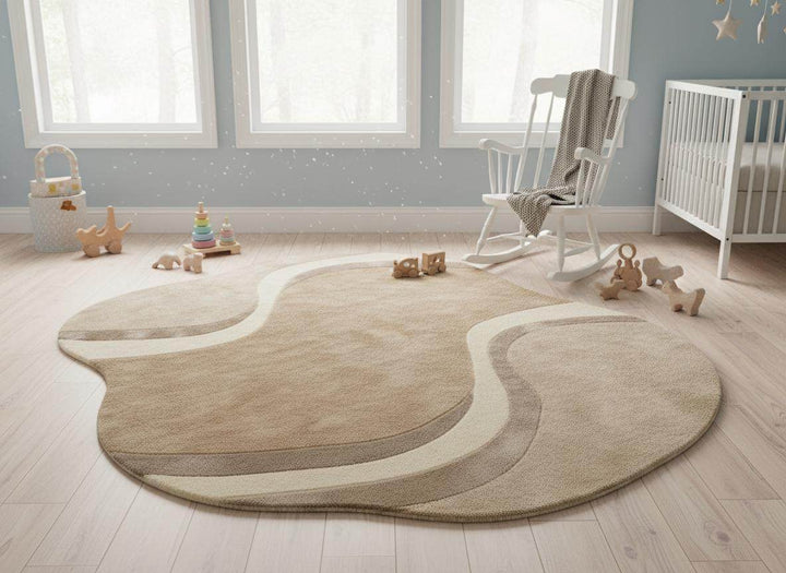 Translation missing: en.Modern curved rug living room with wavy pattern and neutral beige tones in minimalist decor