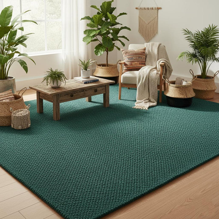 Translation missing: es.Dark Green Chunky Wool Rug | Handwoven Pebble Texture Carpet | Cozy Thick Wool Area Rug | Custom Size Modern Boho Rug | Living Room Floor