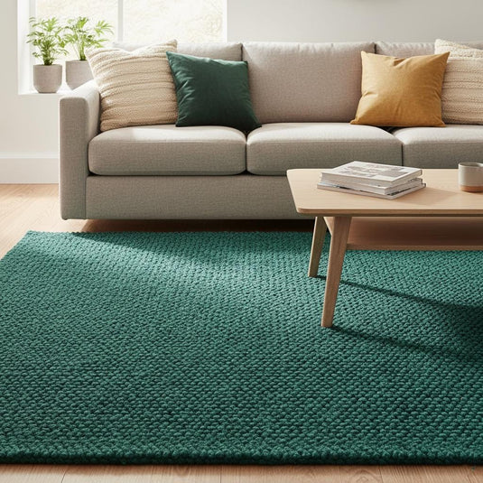 Translation missing: es.Handmade dark green wool rug featuring chunky woven loops and clean edging, modern textured carpet for boho and minimalist home décor