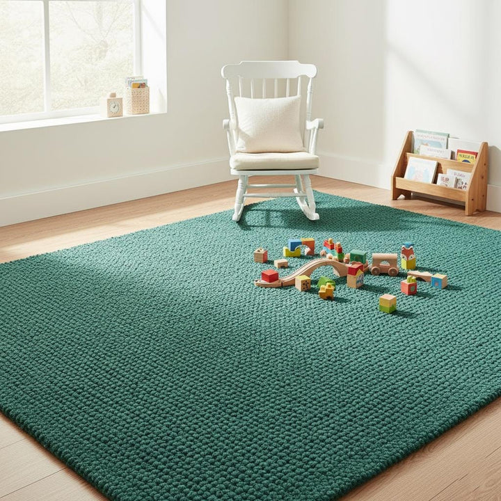 Translation missing: es.Textured green wool rug with dense loop pattern, handcrafted for durability and comfort, ideal for natural and earthy décor styles