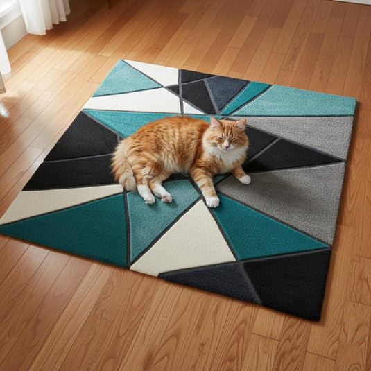 Translation missing: en.Deep teal area rug with hand tufted plush geometric abstract design in blue and ochre, durable poly-blend carpet for living room or bedroom