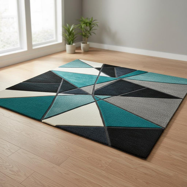 Translation missing: en.Deep teal area rug with hand tufted plush geometric abstract pattern, durable poly-blend fiber, and stain resistant modern carpet