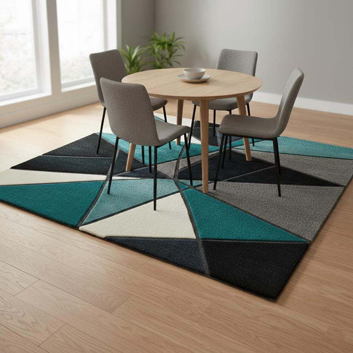 Translation missing: en.Deep teal area rug with geometric abstract design, hand tufted plush texture, and durable stain-resistant poly-blend fibers for modern home decor