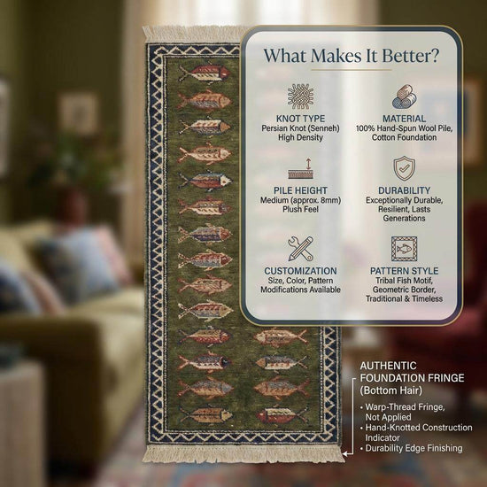 Translation missing: en.Fish Pattern Kitchen Runner Hand Knotted Wool Tribal Rug for Narrow Spaces
