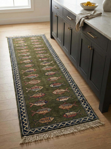 Translation missing: es.Hand-knotted fish pattern kitchen runner wool rug for narrow spaces