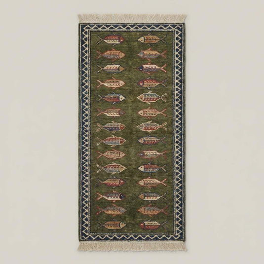 Translation missing: es.Fish Pattern Kitchen Runner Hand Knotted Wool Tribal Rug for Narrow Spaces
