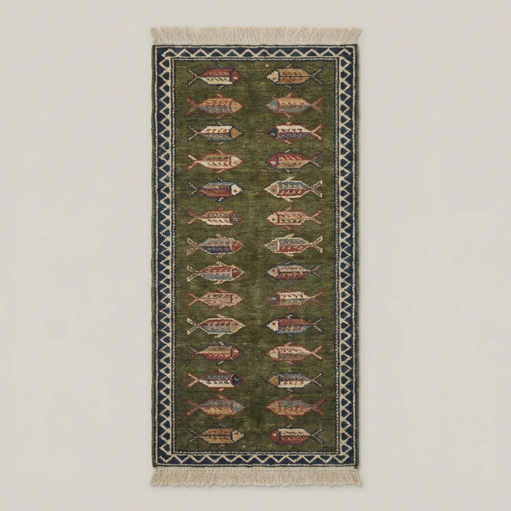 Translation missing: es.Fish Pattern Kitchen Runner Hand Knotted Wool Tribal Rug for Narrow Spaces