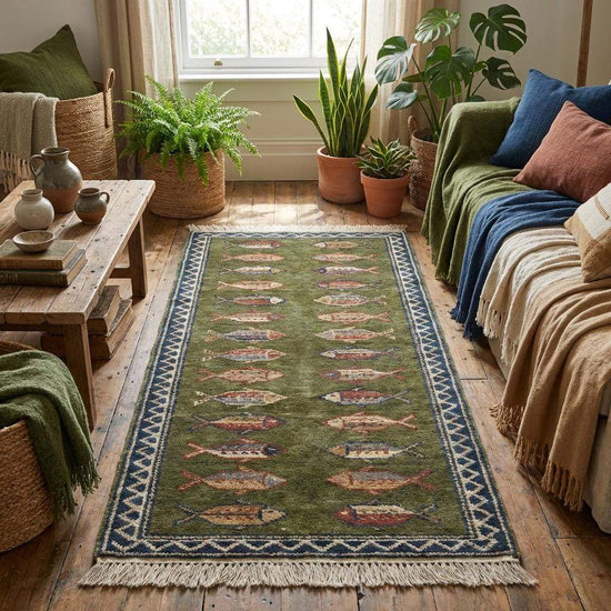 Translation missing: en.Fish Pattern Kitchen Runner Hand Knotted Wool Tribal Rug for Narrow Spaces