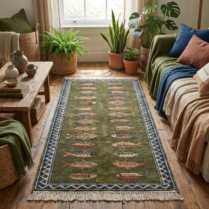 Translation missing: es.Fish Pattern Kitchen Runner Hand Knotted Wool Tribal Rug for Narrow Spaces