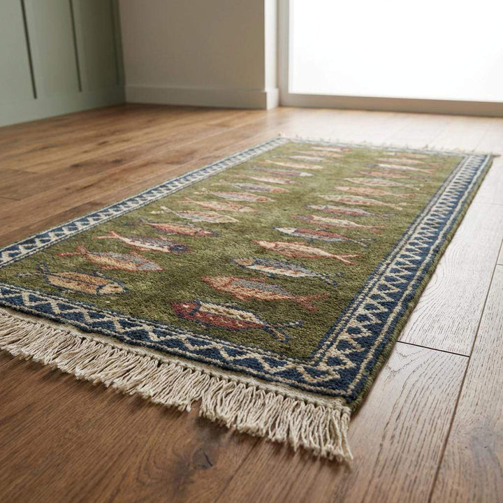 Translation missing: es.Fish Pattern Kitchen Runner Hand Knotted Wool Tribal Rug for Narrow Spaces