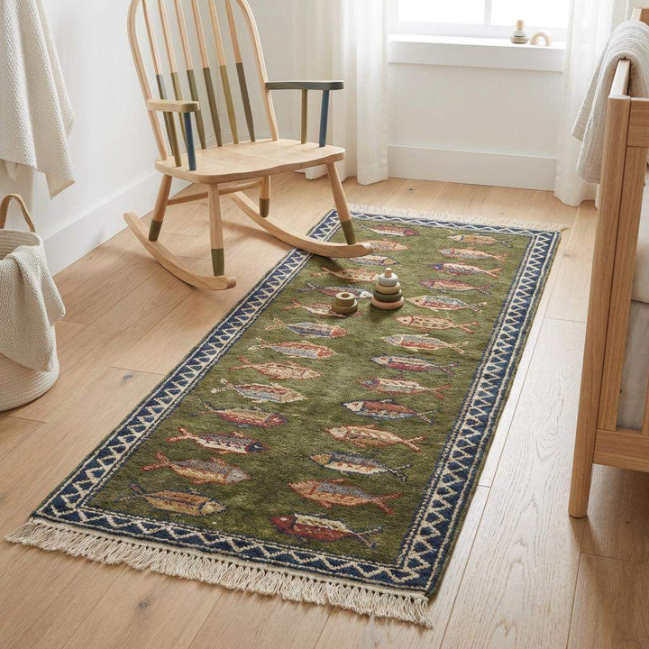 Translation missing: es.Fish Pattern Kitchen Runner Hand Knotted Wool Tribal Rug for Narrow Spaces