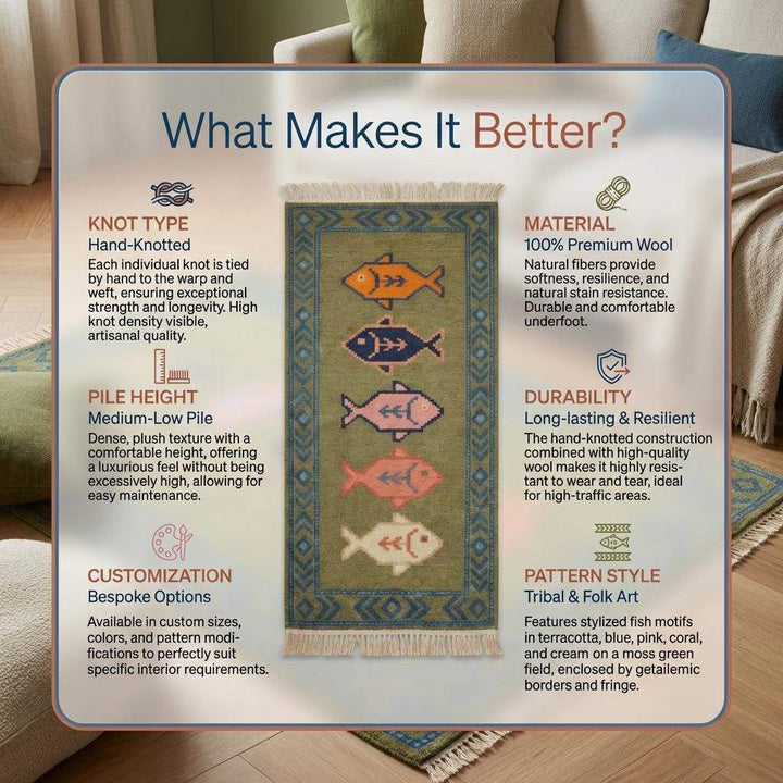 Translation missing: es.Fish Runner Hand Knotted Wool Rug, Tribal Kitchen Hallway Decor
