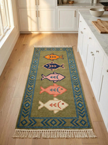 Translation missing: fr.Hand-knotted fish runner wool rug with tribal motifs, ideal for kitchens and hallways, durable and artisan-crafted
