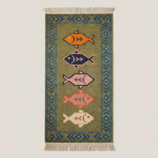 Translation missing: es.Tribal hand knotted runner rug with colorful fish motifs and border