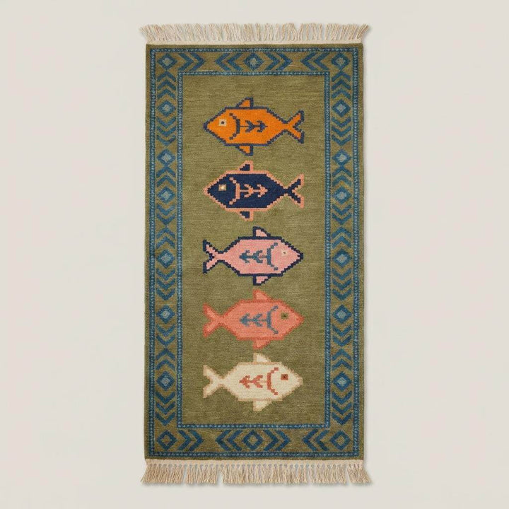 Translation missing: es.Tribal hand knotted runner rug with colorful fish motifs and border