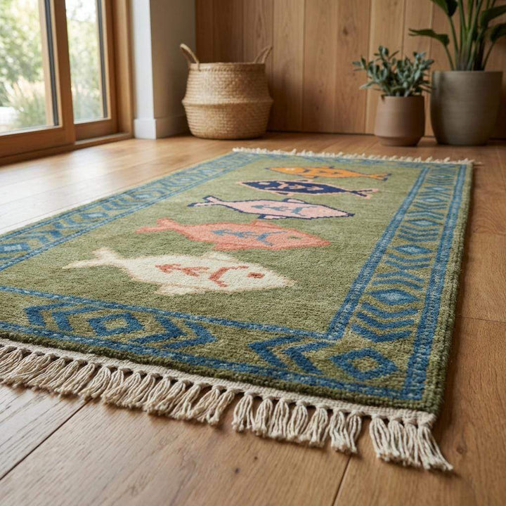 Translation missing: es.Low profile hand knotted runner rug with wool pile and finished fringe