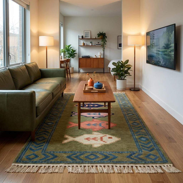 Translation missing: es.Fish Runner Hand Knotted Wool Rug, Tribal Kitchen Hallway Decor