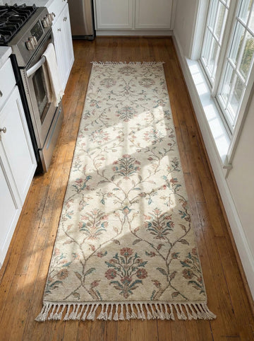 Translation missing: fr.Floral hand knotted runner rug with ivory base and sage rose floral vine pattern for kitchen hallway decor