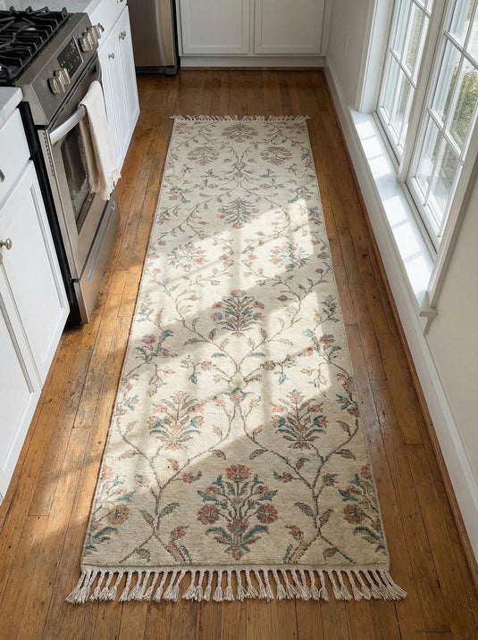 Translation missing: es.Floral hand knotted runner rug with ivory base and sage rose floral vine pattern for kitchen hallway decor