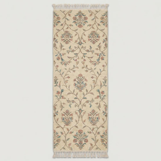 Translation missing: es.Ivory floral hand knotted runner rug with fringe edges