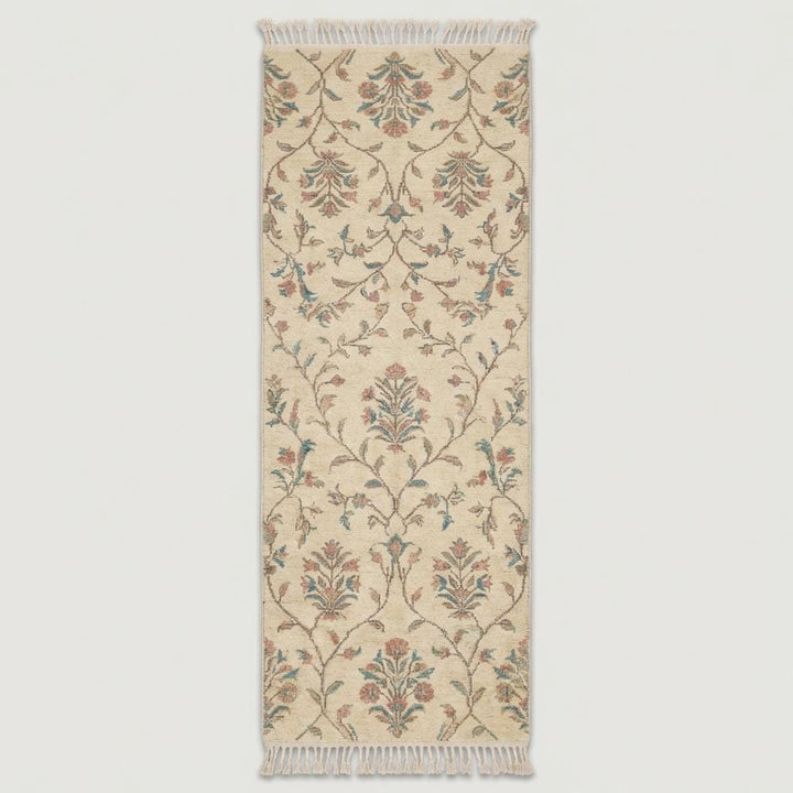 Translation missing: es.Ivory floral hand knotted runner rug with fringe edges