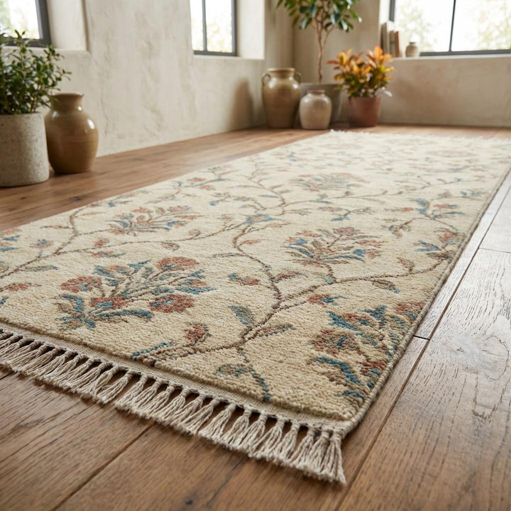 Translation missing: es.Narrow hallway hand knotted rug in sage and rose tones
