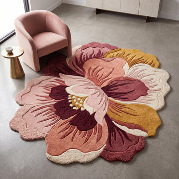 Translation missing: es.Handmade floral wool rug with sculpted petals in blush pink and burgundy tones styled in a modern living room __etsy:8030381906