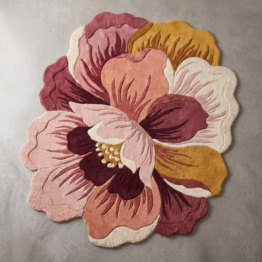 Translation missing: es.Contemporary botanical area rug in pink, cream, and mustard colors placed beside accent chair in minimalist interior __etsy:8030381618
