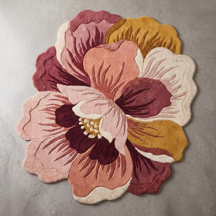 Translation missing: es.Contemporary botanical area rug in pink, cream, and mustard colors placed beside accent chair in minimalist interior __etsy:8030381618