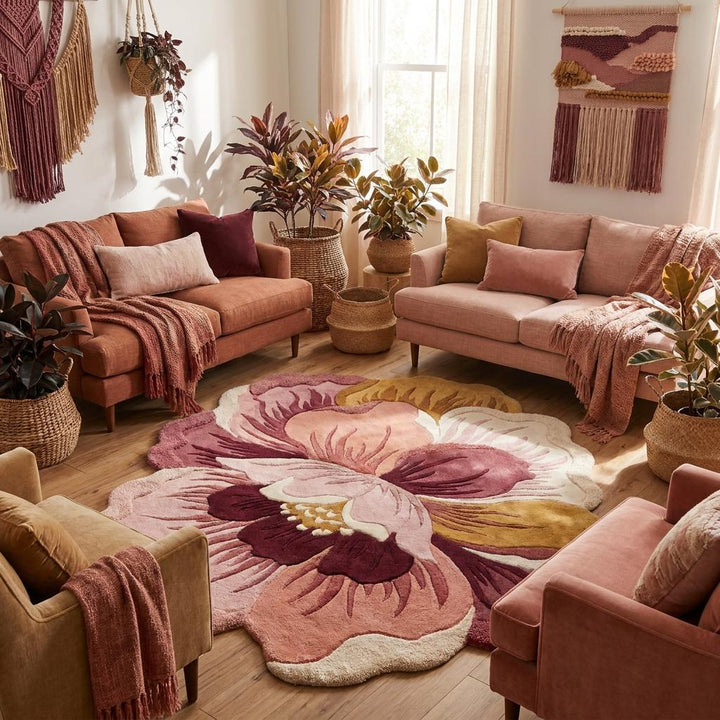 Translation missing: es.Artistic hand tufted flower rug designed for modern bedroom, studio, or cozy reading corner with organic styling __etsy:8030381626