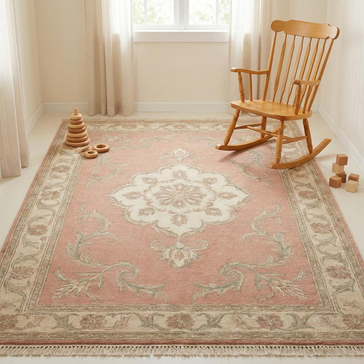 Translation missing: en.Floral Medallion Hand Knotted Wool Rug Soft Pink Area Rug