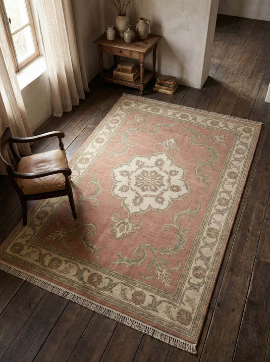 Translation missing: es.Soft pink floral medallion hand knotted wool rug with ivory tones for living rooms and bedrooms
