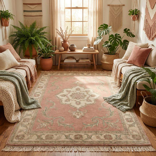 Translation missing: es.Traditional floral medallion wool rug with soft pink base and sage green accents