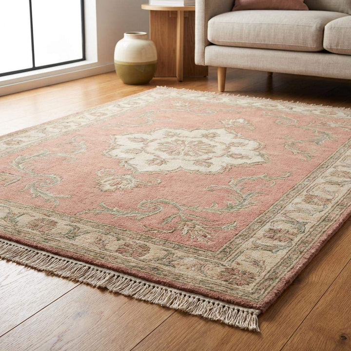 Translation missing: en.Artisan hand knotted area rug highlighting detailed border and classic floral pattern