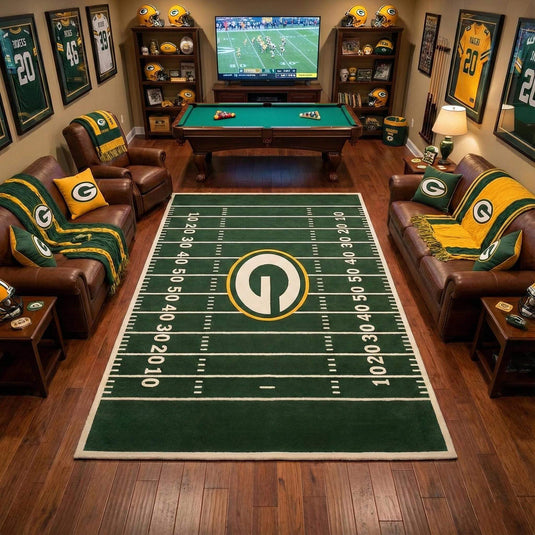 Translation missing: es.Green football field area rug with yard lines for game room decor
