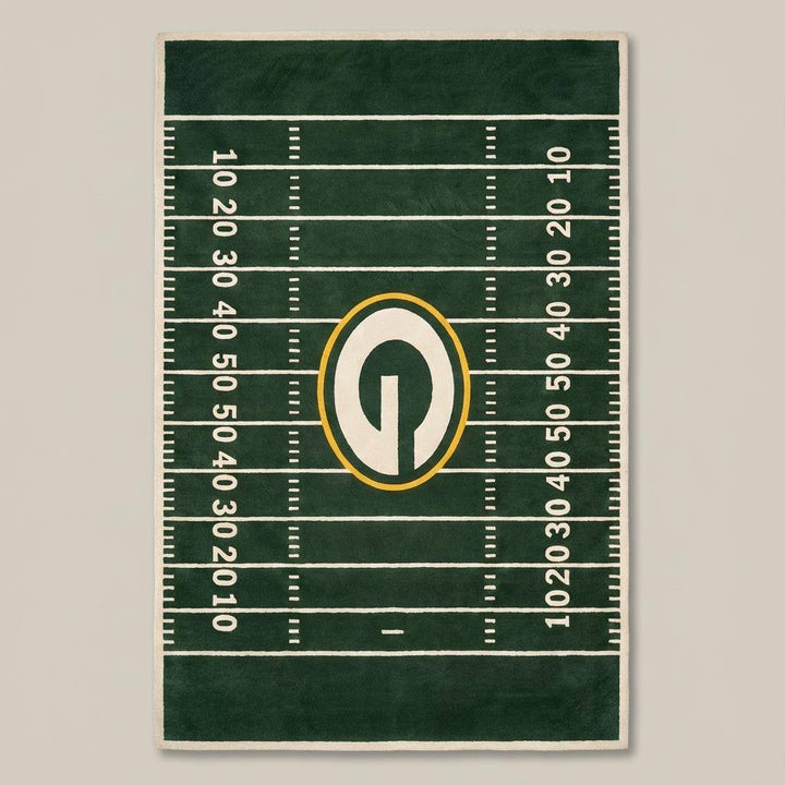 Translation missing: en.Detailed view of football field layout rug featuring yard line markings and centered emblem design