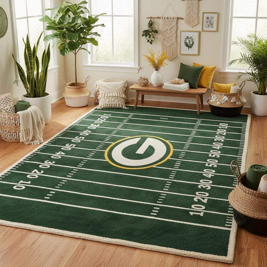 Translation missing: es.Rectangular football field area rug styled in a man cave with couches and sports memorabilia