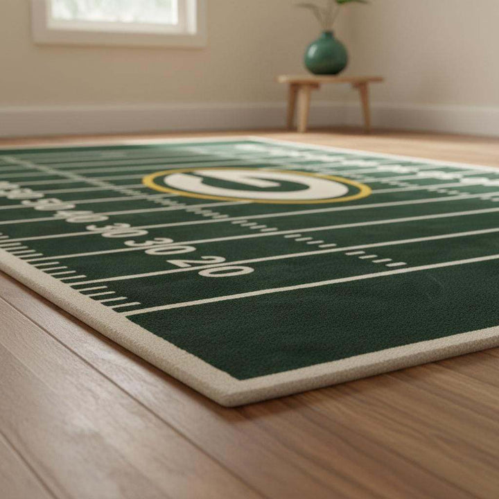 Translation missing: en.Green football themed rug with white and golden yellow accents creating bold contrast