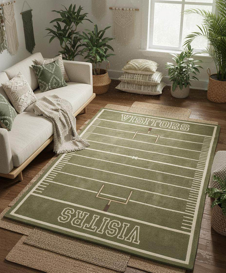Translation missing: es.Football themed rug styled in a game room with leather chair and warm wooden flooring