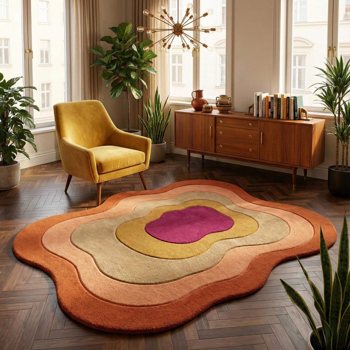 Translation missing: es.Mid century modern rug with funky groovy layered design in vibrant orange, beige, and magenta colors