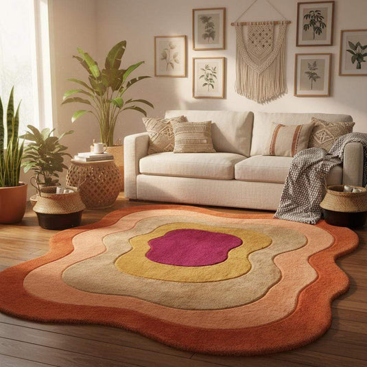 Translation missing: es.Mid century modern rug with funky groovy layered abstract design in vibrant 70s colors, handmade tufted area carpet with organic shape